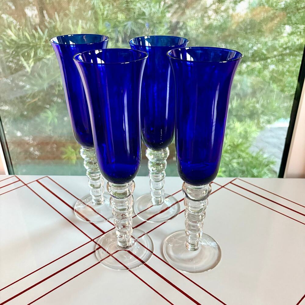 Vintage Cobalt Blue Champagne Flutes Set of 4, Clear Bubble Stem Glasses, 9.5”